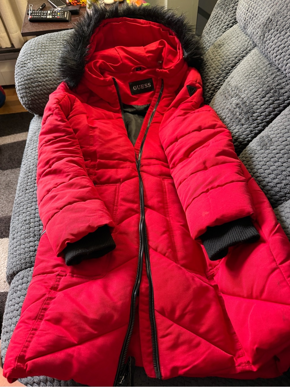 Guess Red Quilted Puffer Jacket with Black Faux Fur Trim